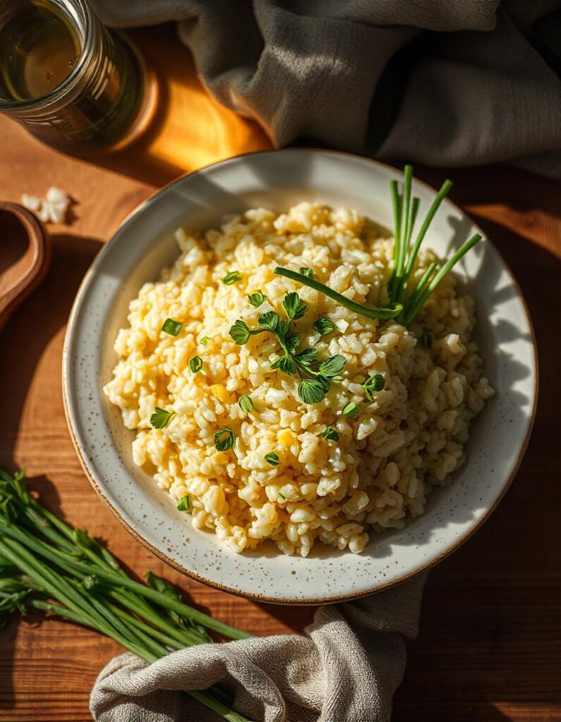 Risoto cremoso de ervilha feito com Arroz Arbóreo Caldo Bom servido em prato fundo, decorado com queijo parmesão e ervilhas frescas, destacando a textura cremosa e a cor vibrante das ervilhas.